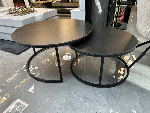 2er Set Couchtisch rund Keramik Tischplatte, runder Couchtisch braun-anthrazit, Durchmesser 90 cm
