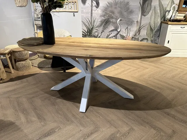 Esstisch Eiche massiv Tischplatte oval, ovaler Tisch Eiche Tischplatte, Esstisch weiß Eiche-Natur, Länge 220 cm