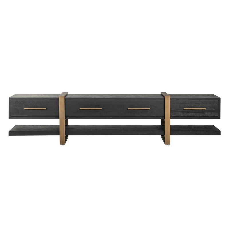 TV Schrank schwarz-Gold, Fernsehschrank schwarz mit drei Schubladen, Breite 240 cm