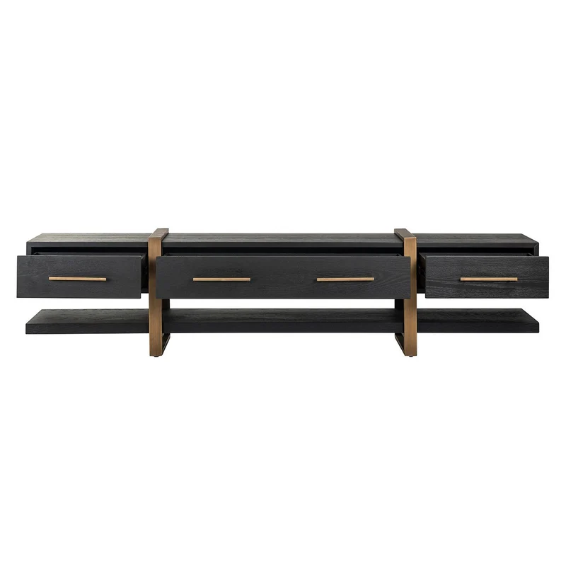 TV Schrank schwarz-Gold, Fernsehschrank schwarz mit drei Schubladen, Breite 240 cm