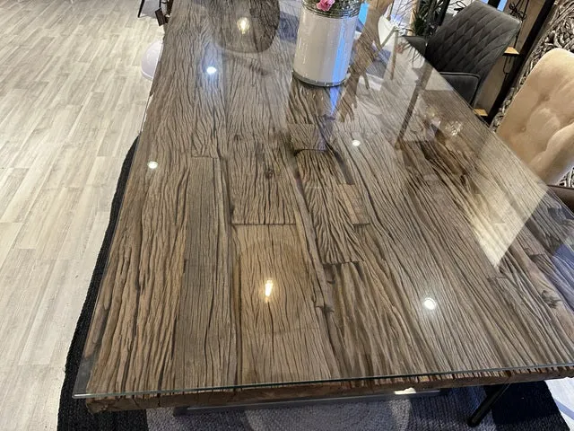 Esstisch Altholz, Tisch Glasplatte, Esstisch Edelstahl Tischbeine, Breite 240 cm