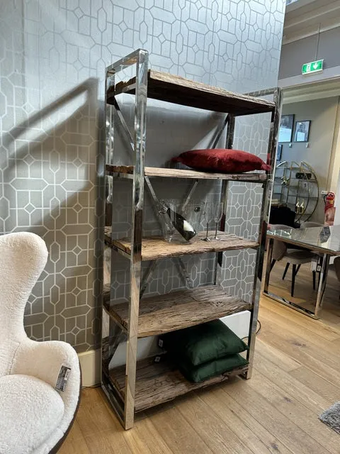 Regal Silber Altholz, Bücherregal Altholz Gestell verchromt, Breite 100 cm (Ausverkauft)
