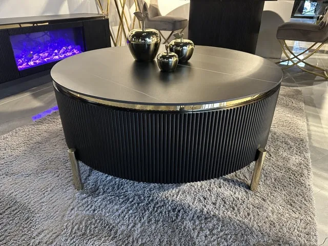 Couchtisch rund schwarz Ø 100 cm, Keramikplatte in Marmoroptik, Akzente Gold matt