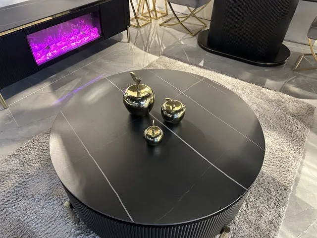 Couchtisch rund schwarz Ø 100 cm, Keramikplatte in Marmoroptik, Akzente Gold matt