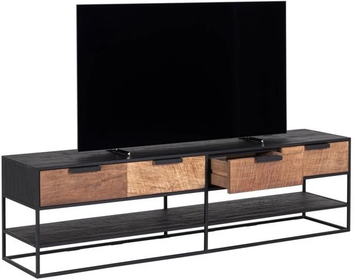 TV Schrank schwarz Naturholz, Fernseheschrank Holz Naturholz, TV Konsole mit Schubladen, Breite 180 cm