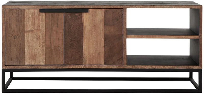 TV Schrank schwarz Naturholz, Fernseheschrank Holz Naturholz, TV Regal Metall-Gestell, Breite 125 cm