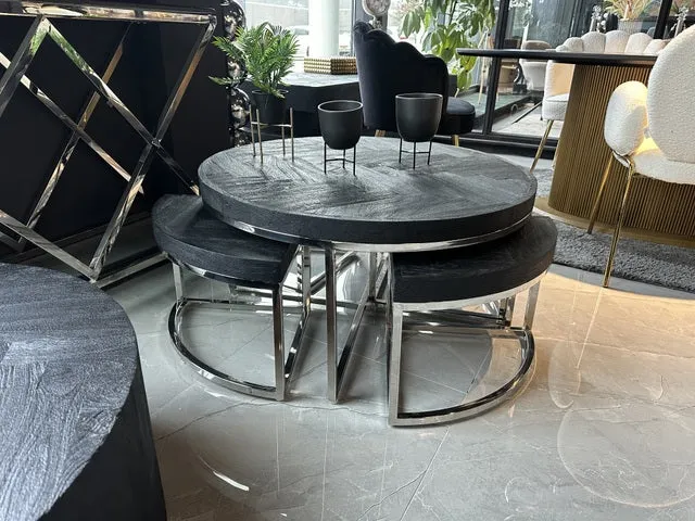 Couchtisch schwarz, runder Couchtisch Gestell Silber, Set Couchtisch rund schwarz, Durchmesser 100 cm
