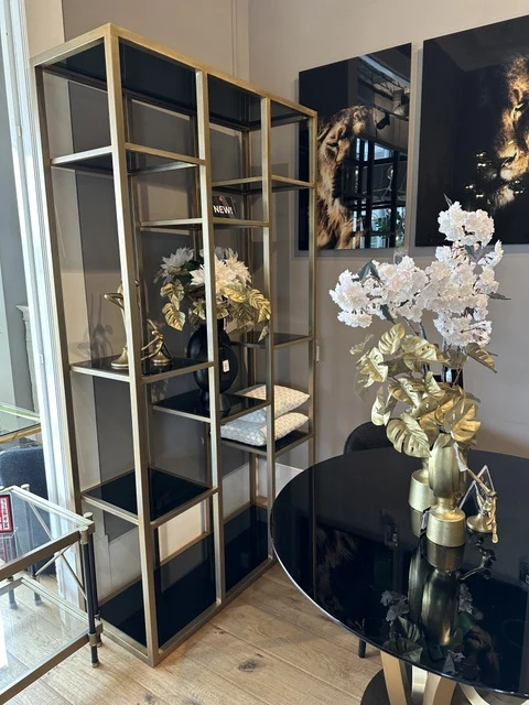 Regal Gold Glas, Bücherregal Gold-Bronze, Regal Metall Gold, Breite 120 cm