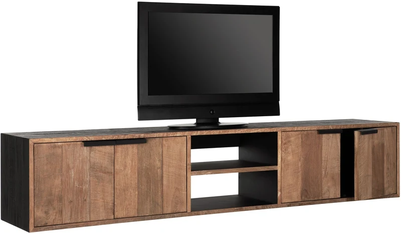 Hängeschrank TV Schrank schwarz Naturholz, Fernseheschrank Holz Naturholz, Breite 205 cm