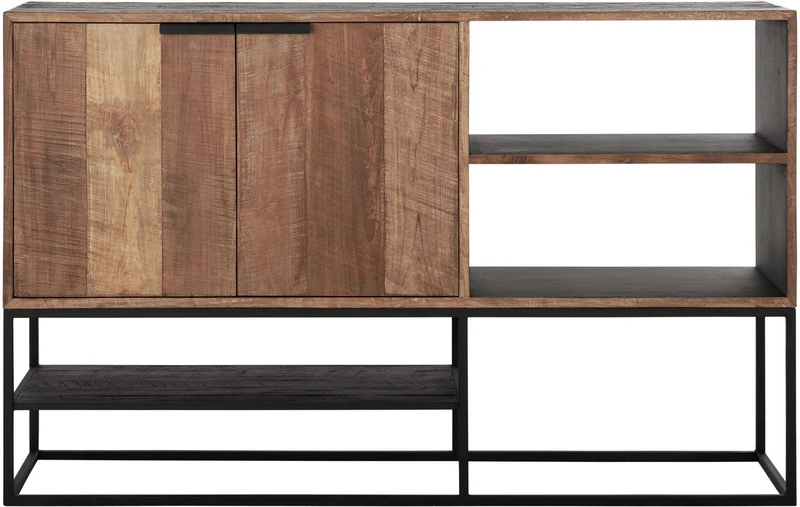 Sideboard schwarz Naturholz, Anrichte Holz Naturholz, Wohnzimmerschrank Metall-Gestell, Breite 160 cm