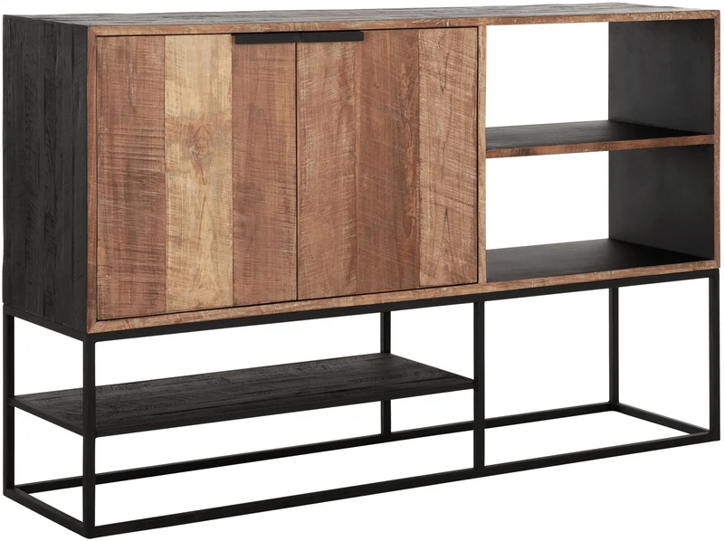 Sideboard schwarz Naturholz, Anrichte Holz Naturholz, Wohnzimmerschrank Metall-Gestell, Breite 160 cm