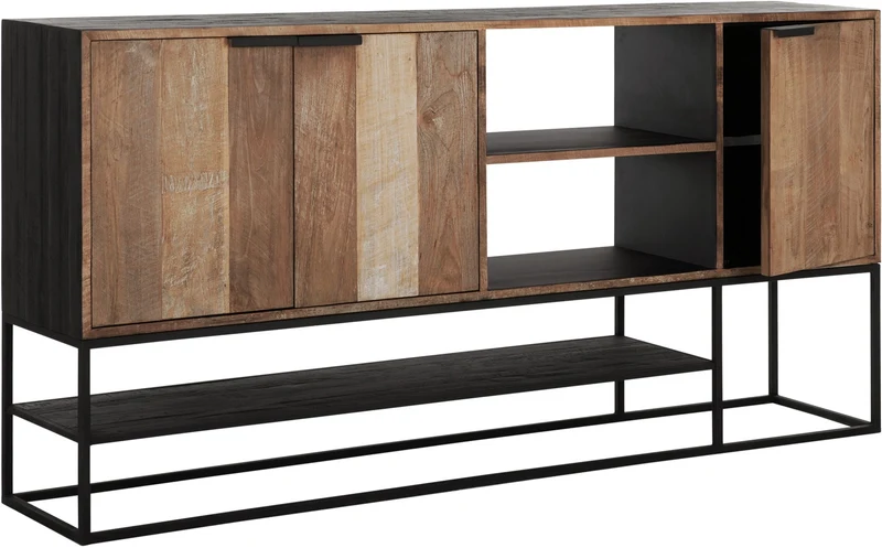 Sideboard schwarz Naturholz, Anrichte Holz Naturholz, Wohnzimmerschrank Metall-Gestell, Breite 205 cm