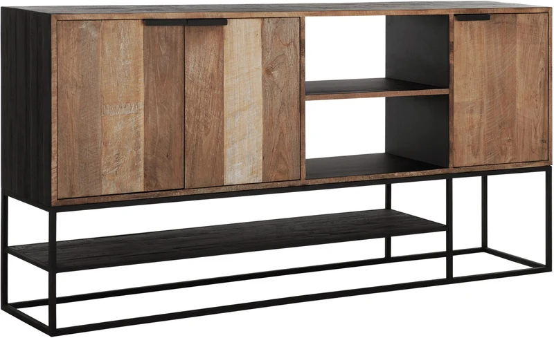 Sideboard schwarz Naturholz, Anrichte Holz Naturholz, Wohnzimmerschrank Metall-Gestell, Breite 205 cm