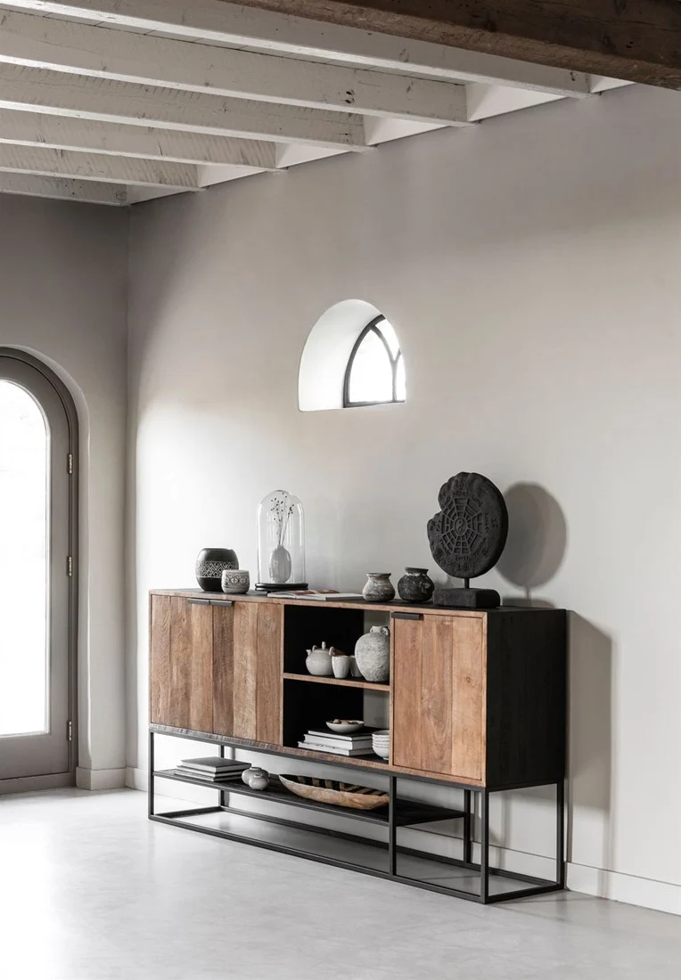 Sideboard schwarz Naturholz, Anrichte Holz Naturholz, Wohnzimmerschrank Metall-Gestell, Breite 205 cm