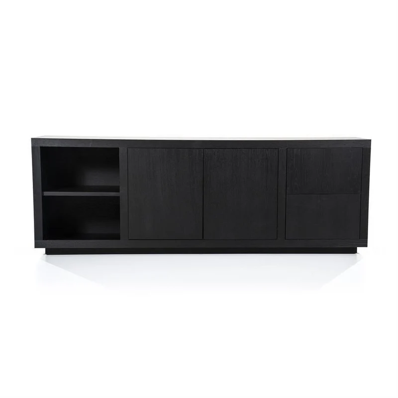 Sideboard schwarz mit zwei Schubladen, Anrichte schwarz Holz, Breite 200 cm