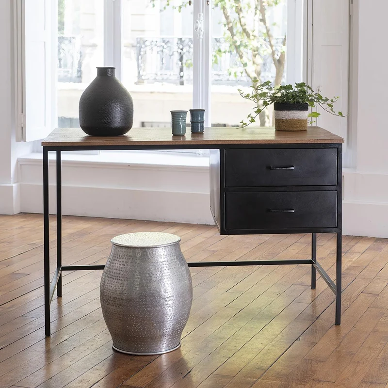 Schreibtisch schwarz mit Holzplatte, Schreibtisch Metall schwarz-Naturholz, Schreibtisch mit Schubladen schwarz Metall-Holz, Breite 121 cm
