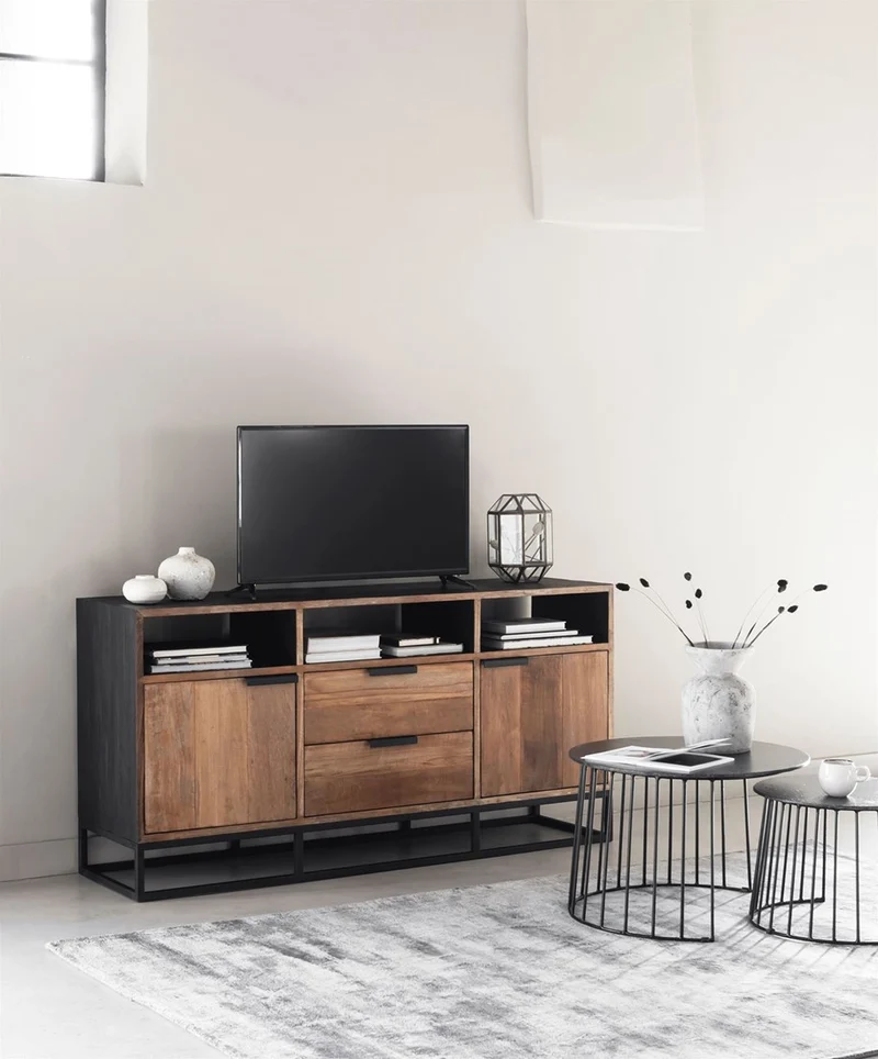Sideboard schwarz Naturholz, Anrichte Holz Naturholz, Wohnzimmerschrank Metall-Gestell, Breite 150 cm