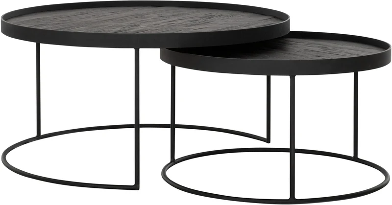 2er Set Couchtisch rund schwarz, Kaffeetisch rund Holz, runder Couchtisch schwarz, Durchmesser 60-80 cm
