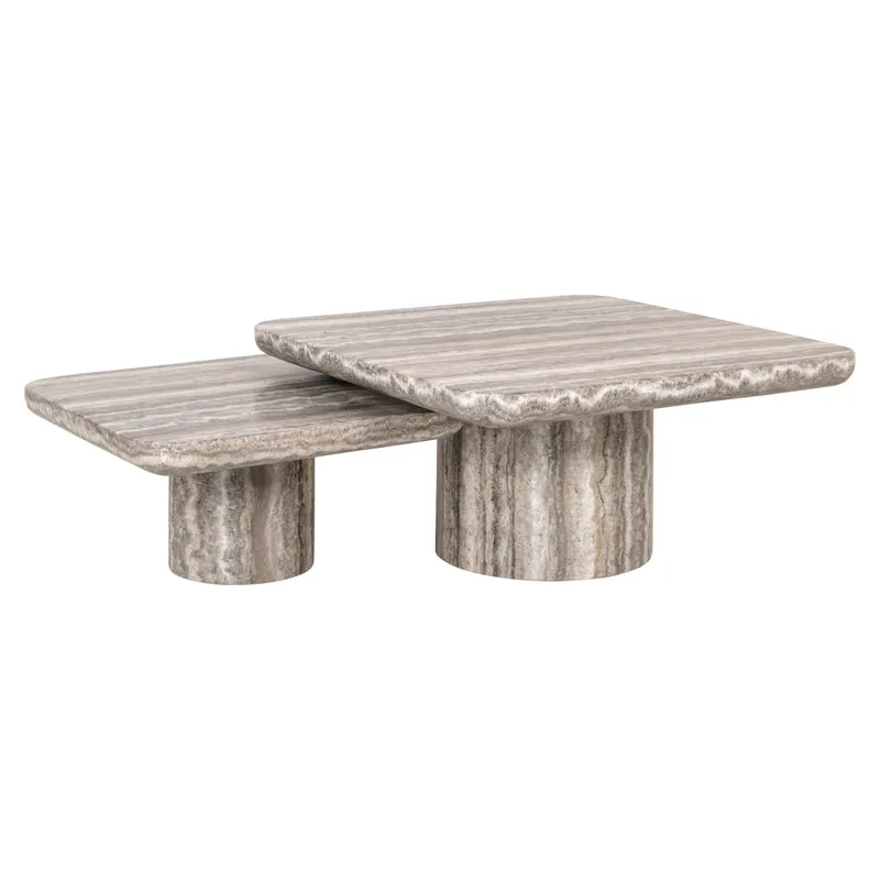 Couchtisch beige-grau, 2er Set Couchtisch Travertin-Marmor beige, Maße 80x80 cm
