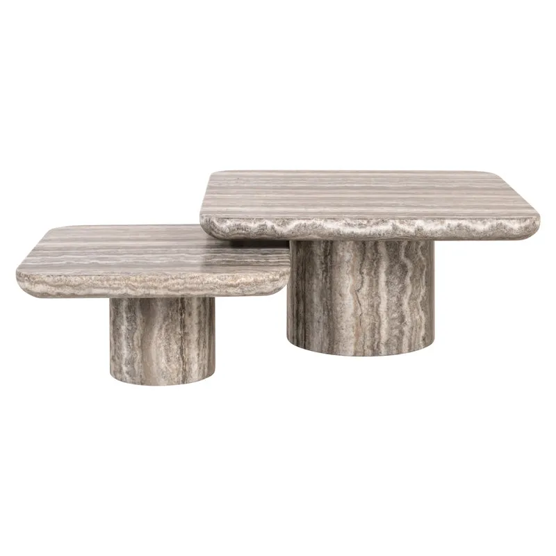 Couchtisch beige-grau, 2er Set Couchtisch Travertin-Marmor beige, Maße 80x80 cm