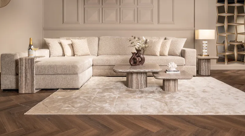 Couchtisch beige-grau, 2er Set Couchtisch Travertin-Marmor beige, Maße 80x80 cm