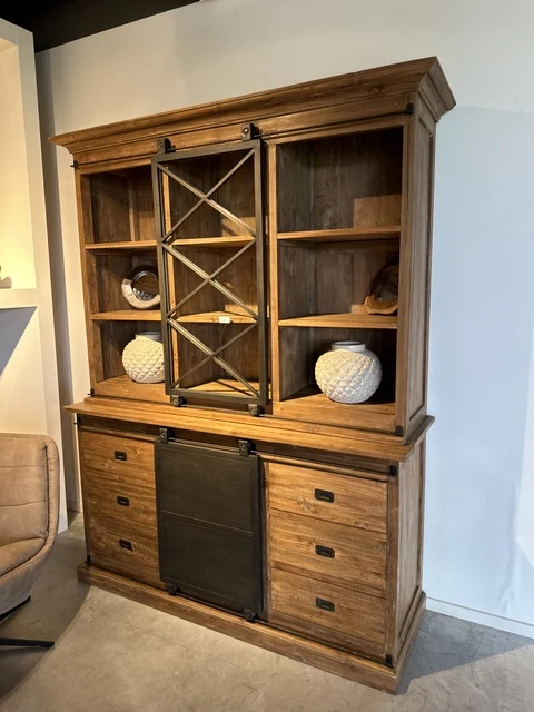 Vitrine Naturholz-braun Teakholz, Wohnzimmerschrank Massivholz, Breite 150 cm