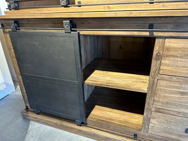 Vitrine Naturholz-braun Teakholz, Wohnzimmerschrank Massivholz, Breite 150 cm