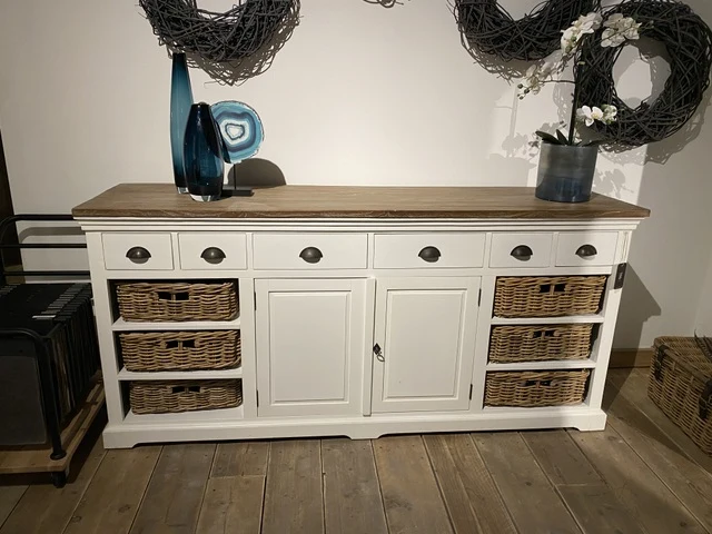 Sideboard weiß Rattankörbe, Anrichte weiß Landhaus, Schrank weiß, Breite 195 cm