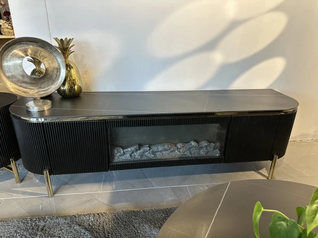 TV Schrank schwarz mit Kamin, Fernsehschrank mit Elektrokamin schwarz, Lowboard schwarz, Länge 200 cm
