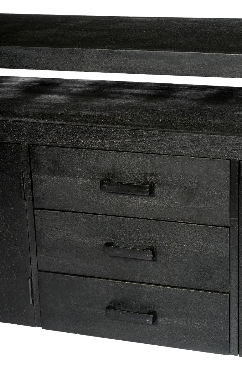 Sideboard schwarz Metall Holz, Sideboard Industriedesign, Anrichte schwarz Massivholz, Breite 210 cm