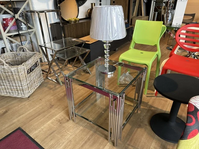Beistelltisch Silber Glas, Glastisch Silber, Beistelltisch verchromt Glas, Maße 55x55 cm