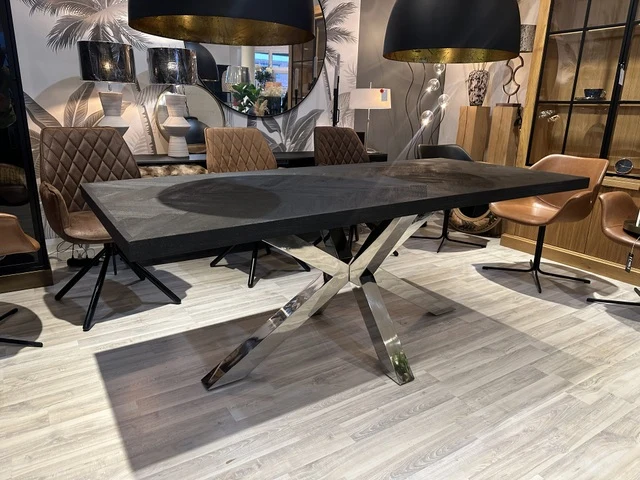 Esstisch schwarz Fischgrätmuster, Esstisch Silber-Gestell, Tisch Fischgrätmuster schwarz Tischgestell verchromt, Länge 200 cm