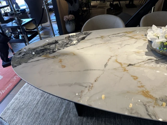 Keramik Esstisch Marmoroptik, Esstisch Keramik Tischplatte oval, ovaler Esstisch Keramik, Länge 280 cm