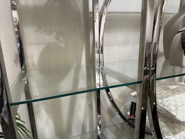 egal Silber, Glasregal Gestell verchromt Metall, Regal Metall Glasplatte, Bücherregal Silber, Breite 240 cm (Ausverkauft)
