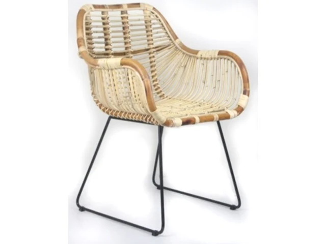 Stuhl Rattan mit Armlehne, Esszimmerstuhl Metall-Naturholz-Rattan