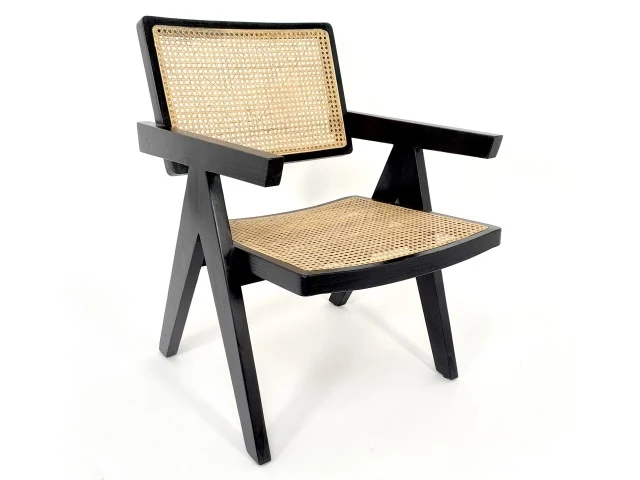 Stuhl schwarz Holz-Rattan mit Armlehne, Esszimmerstuhl schwarz Rattan