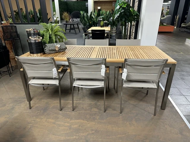 Gartentisch Edelstahl Teakholz Tischplatte, Gartentisch Edelstahl, Länge 220 cm