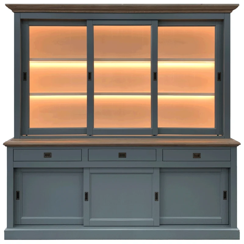 Vitrine grau mit Beleuchtung, Geschirrschrank mit Beleuchtung grau, Vitrine grau Landhausstil, Breite 230 cm