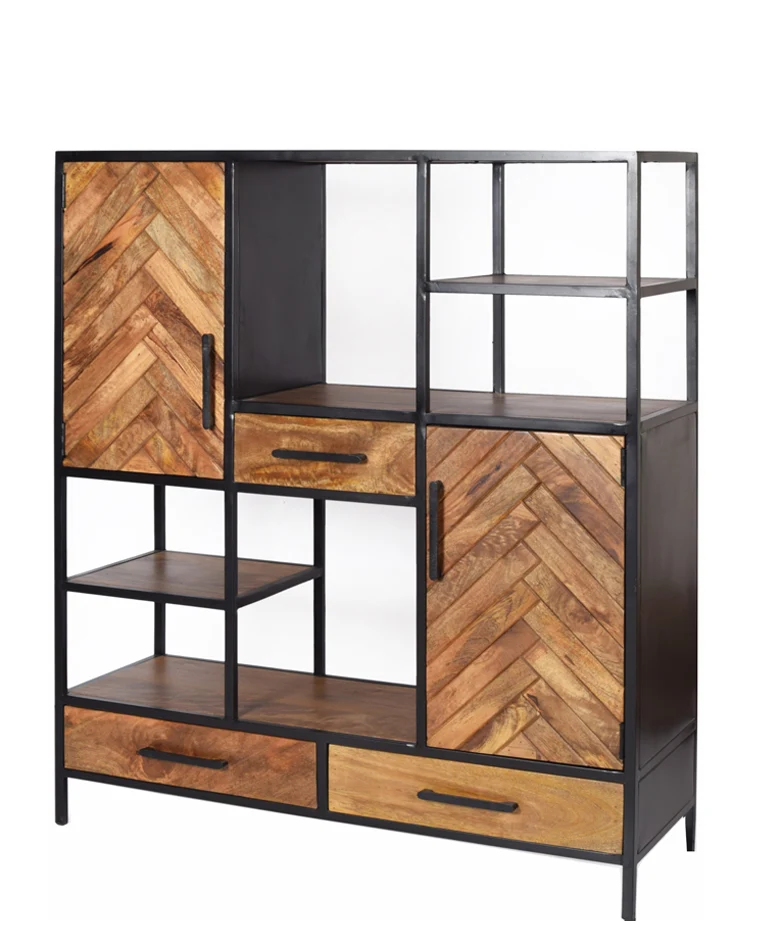 Highboard Industriedesign, Bücherregal Metall-Holz, Schrank Industrie, Breite 120 cm