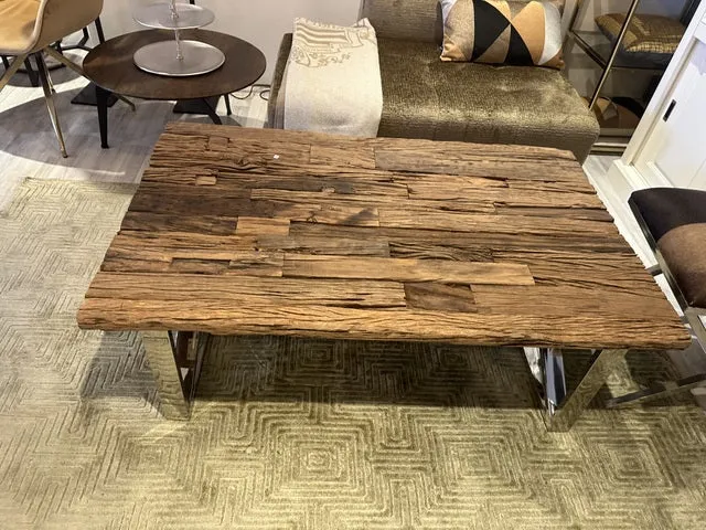 Couchtisch Metall-Holz, Couchtisch Altholz verchromt-Glas, Länge 130 cm