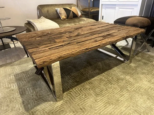 Couchtisch Metall-Holz, Couchtisch Altholz verchromt-Glas, Länge 130 cm
