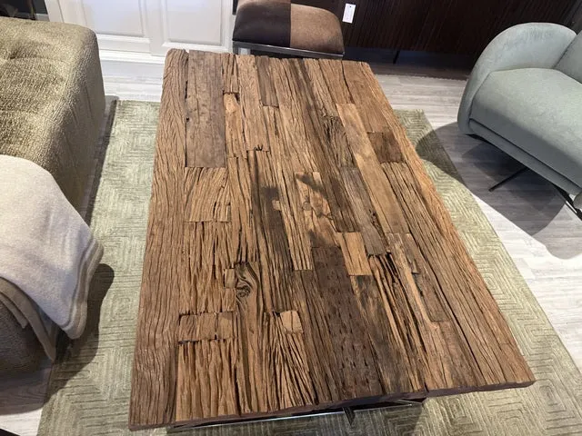 Couchtisch Metall-Holz, Couchtisch Altholz verchromt-Glas, Länge 130 cm