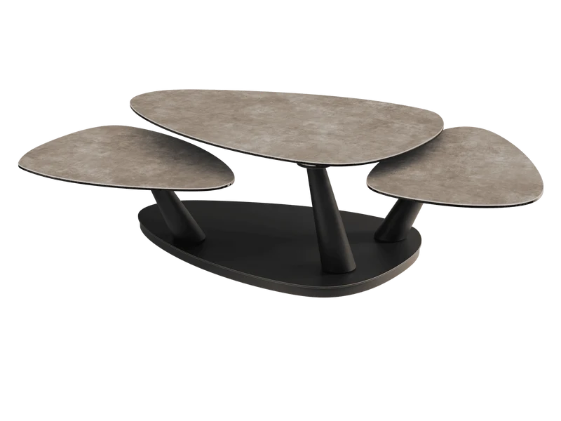 Couchtisch ausziehbar Keramik, Couchtisch Keramik verlängerbar, Couchtisch Marmoroptik taupe-grau, Länge 100-155 cm