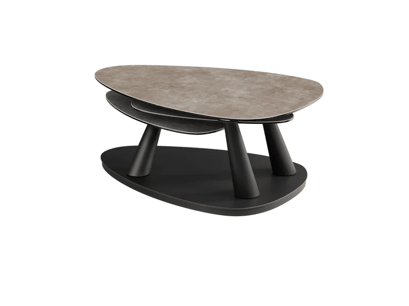 Couchtisch ausziehbar Keramik, Couchtisch Keramik verlängerbar, Couchtisch Marmoroptik taupe-grau, Länge 100-155 cm