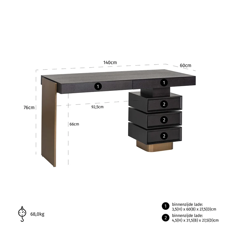 Schreibtisch schwarz-Gold, Schminktisch Gold-schwarz, Breite 140 cm
