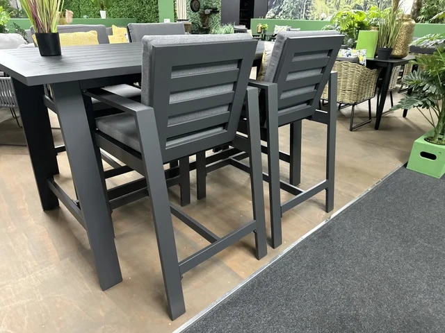 5 teiliges Set Gartenbartisch mit vier Barstühlen anthrazit, Outdoor Bartisch anthrazit mit vier Barstühlen