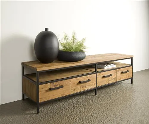 TV Regal Metall-Holz, Fernsehschrank Industriedesign Metall, Breite 180 cm