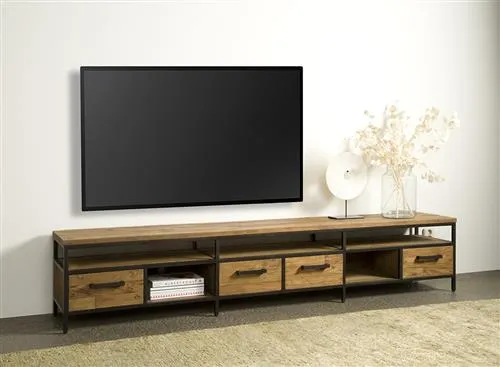 TV Regal Metall-Holz, Fernsehschrank Industriedesign Metall, Breite 300 cm