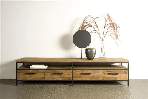 TV Regal Metall-Holz, Fernsehschrank Industriedesign Metall, Breite 200 cm