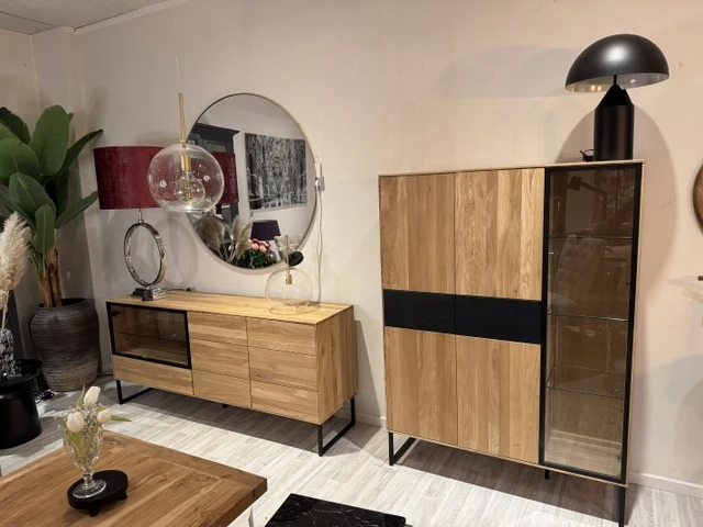 Sideboard Eiche massiv, Anrichte mit Glastür Eiche, Breite 160 cm